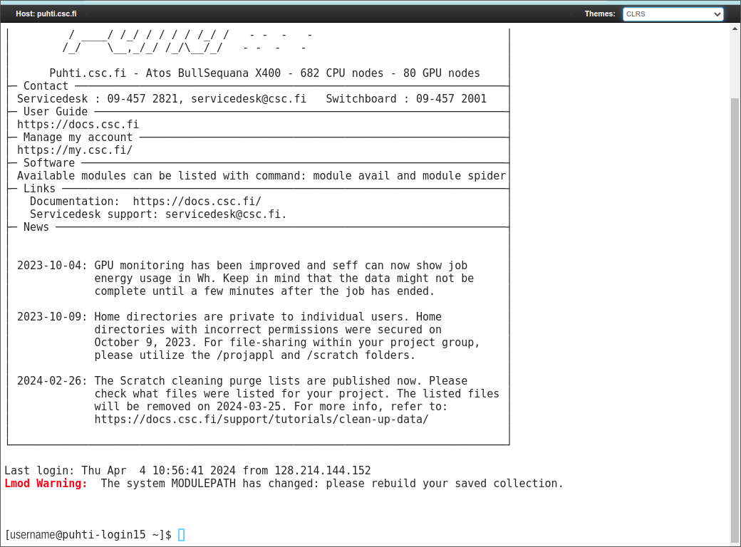 Login node shell at Puhti with CLRS colours