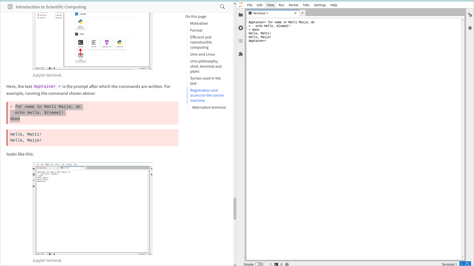 Recommended arrangement of documentation and terminal