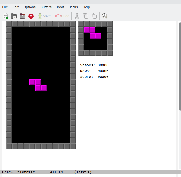 Tetris inside the emacs text editor with a graphical interface.