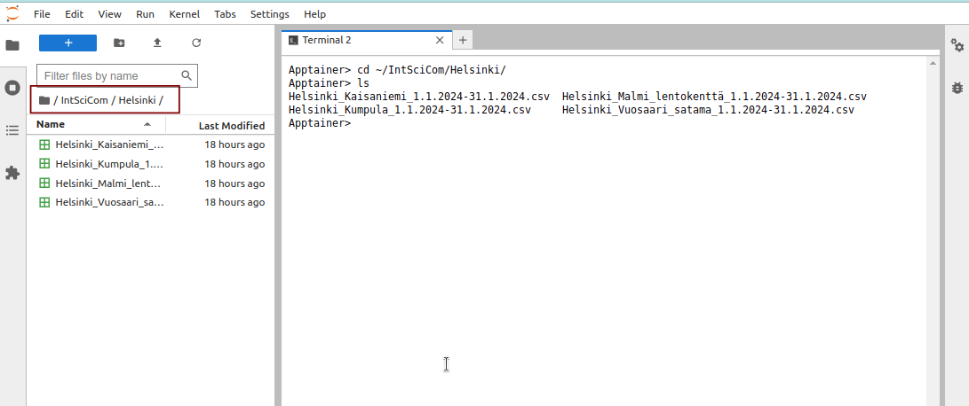 Jupyter with the file browser (left) showing the same directory as the terminal (right).
