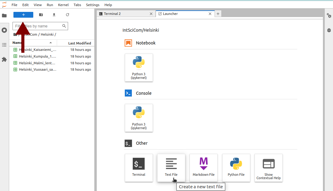 Jupyter menu with the icon for creating a new file.