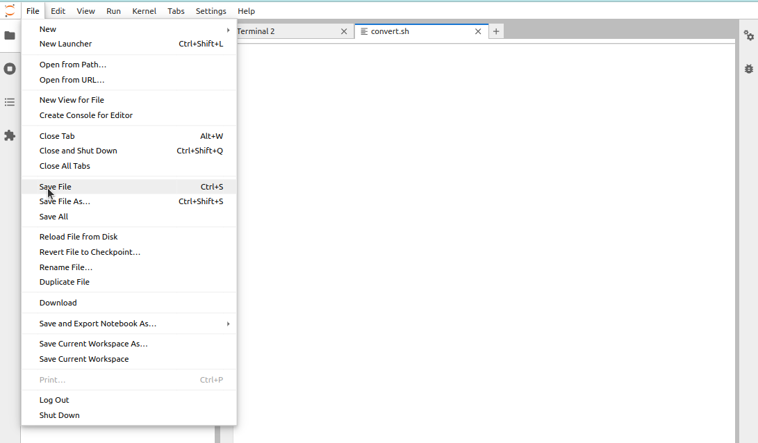 Saving a file through the Jupyter main menu.