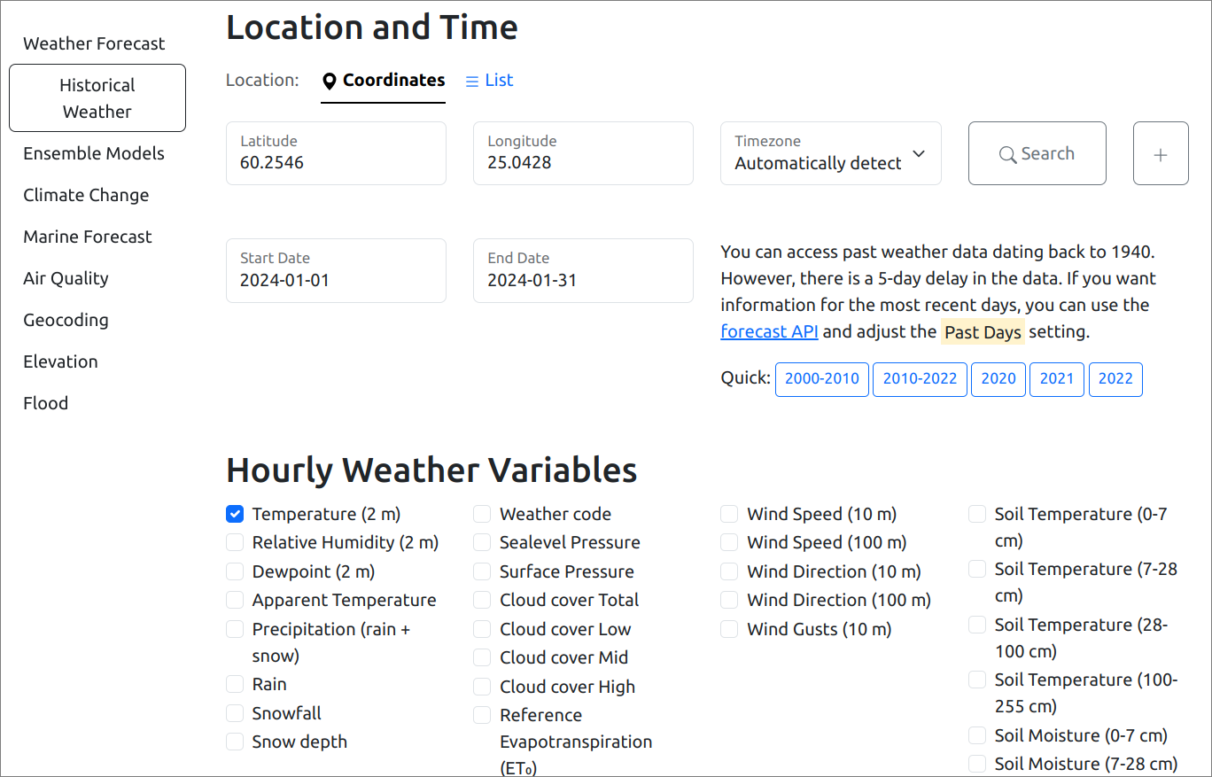 Open-Meteo settings