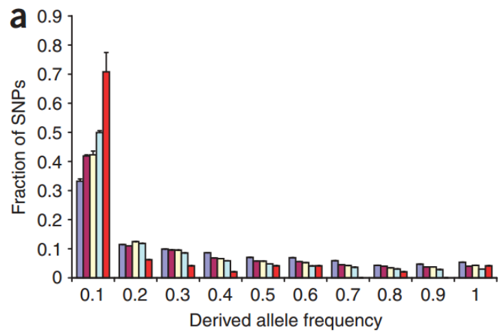 Site frequencies for different categories of sites. Dark blue: synonymous sites, purple: 3’ UTRs, yellow: conserved 3’ UTR 7-mers, light blue: nonsynonymous sites, red: conserved miRNA sites.