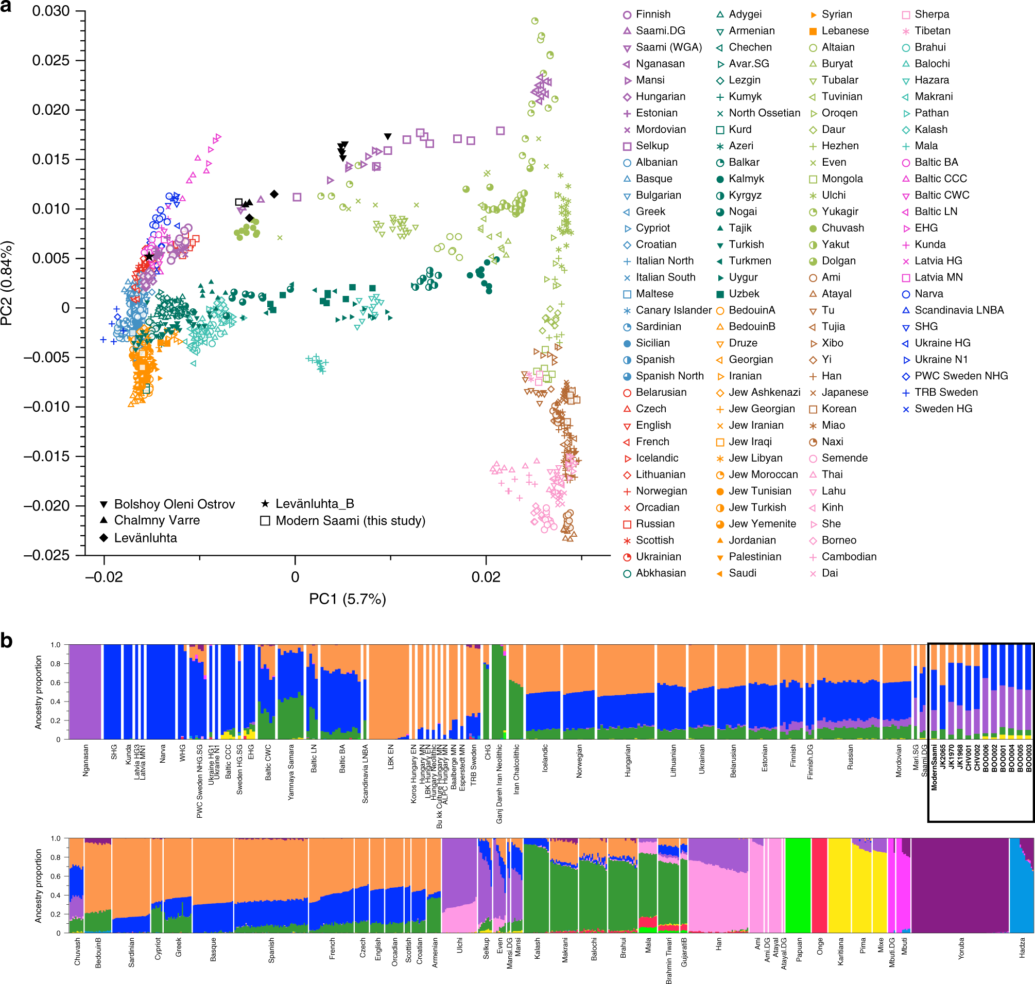 PCA and ADMIXTURE analysis of ancient humans from the Levänluhta archaeological site.