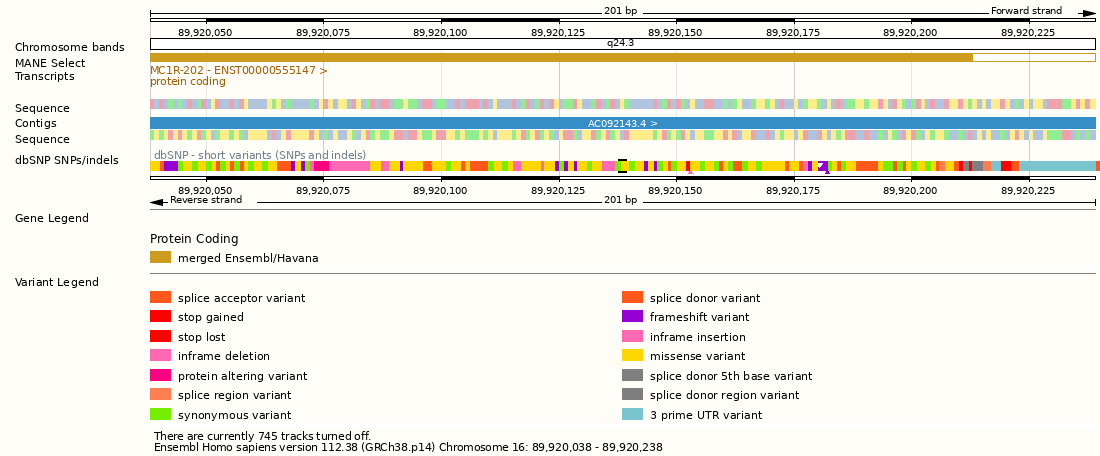 The missense variant at 16:89920138 is one of the numerous mutations found in the MC1R gene.